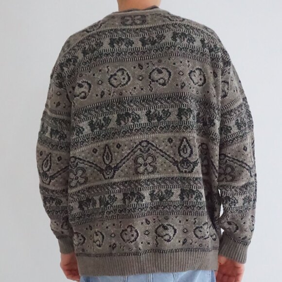 VTG London Fog Brown Abstract Pattern Knit Sweater Eclectic Grandpa Heritage 2X - Picture 2 of 9